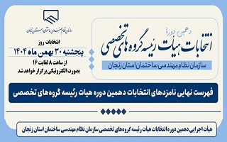 فهرست نهایی نامزدهای انتخابات دهمین دوره هیئت رئیسه گروه‌های تخصصی سازمان نظام مهندسی ساختمان استان زنجان